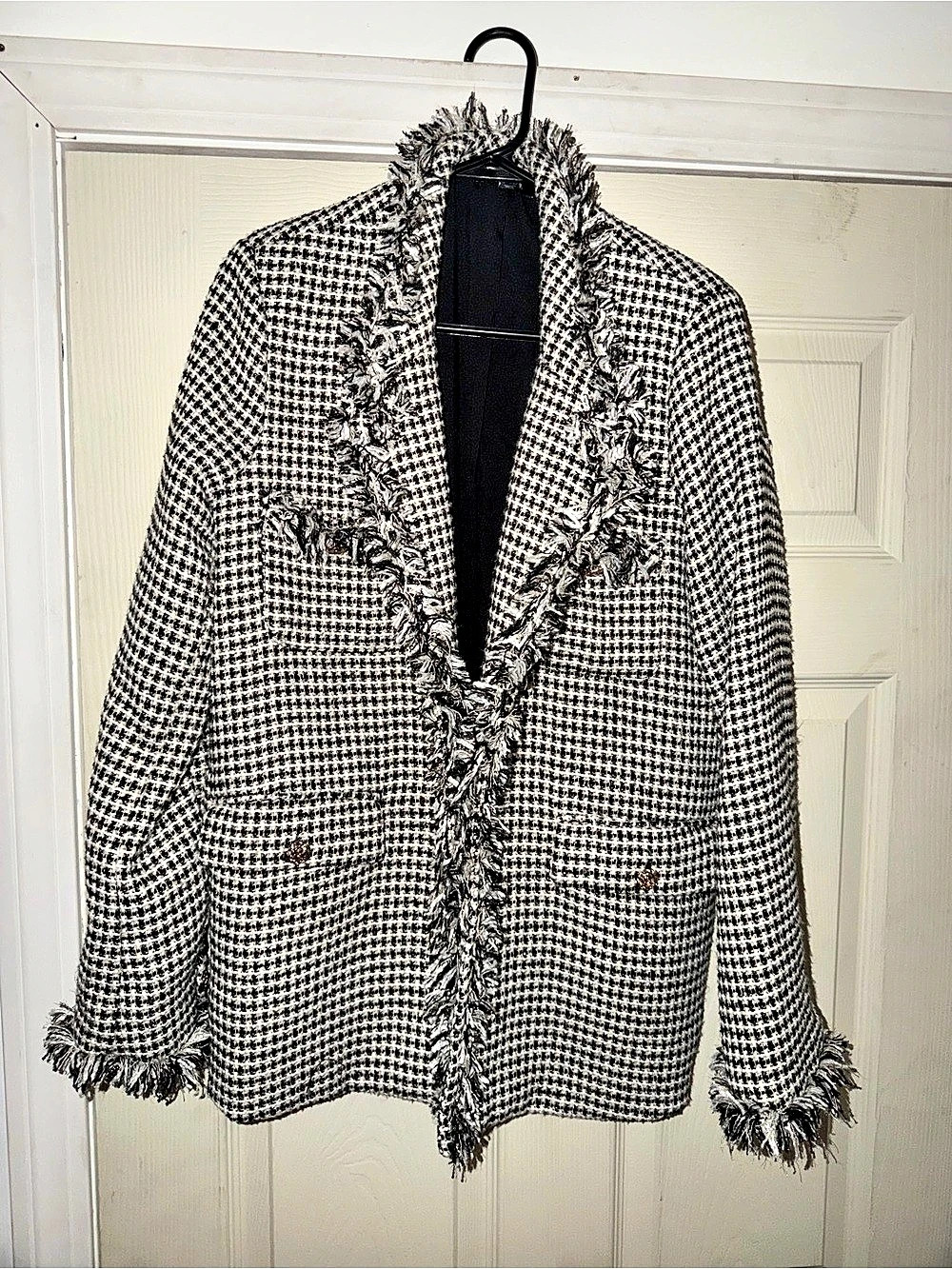 Leo & Viola Houndstooth Fringe Blazer in Black & White Size Medium